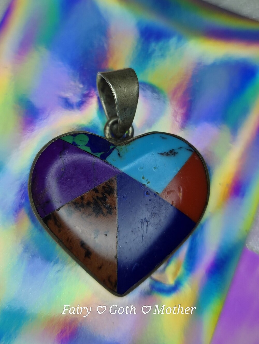 VTG Taxco Mexico 925 Sterling Silver Multi Stone Inlay Patchwork Heart Pendant - Picture 3 of 12